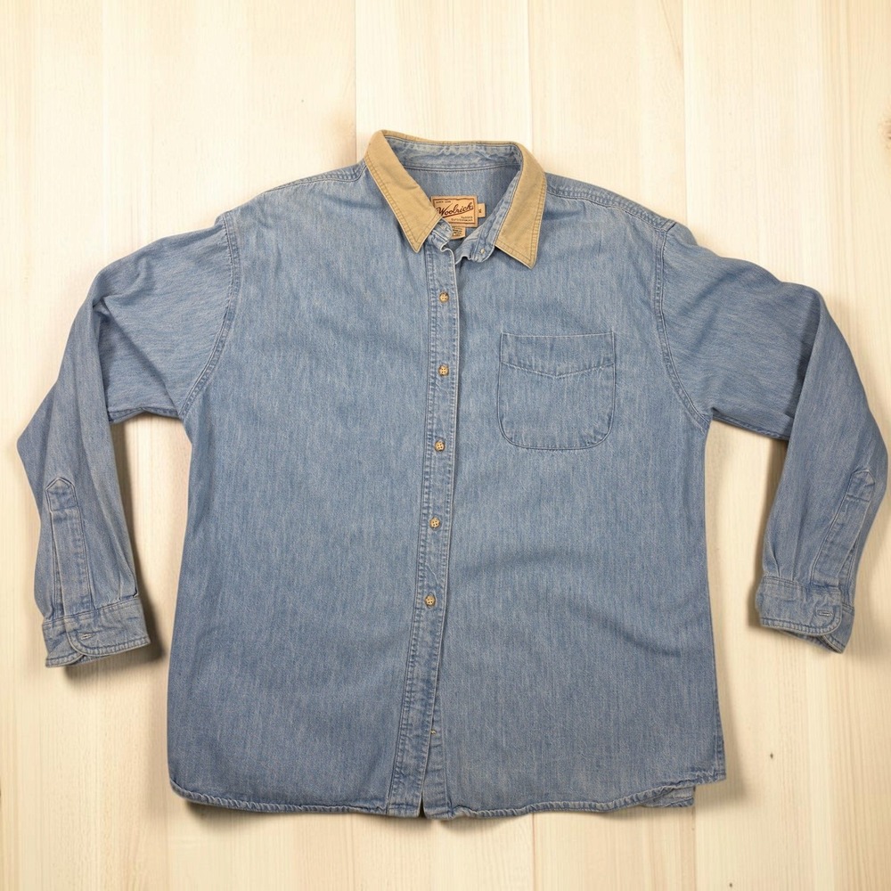 Vintage Woolrich Womans XL Denim Button Down Shirt Corduroy Collar Light Wash
